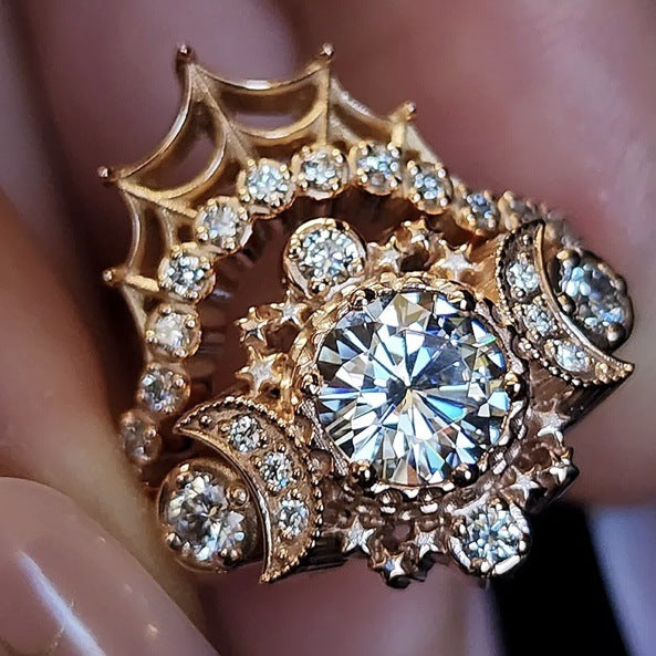 Vintage Gold‑Tone Ring Set With Star‑Moon & Spider‑Web Motif