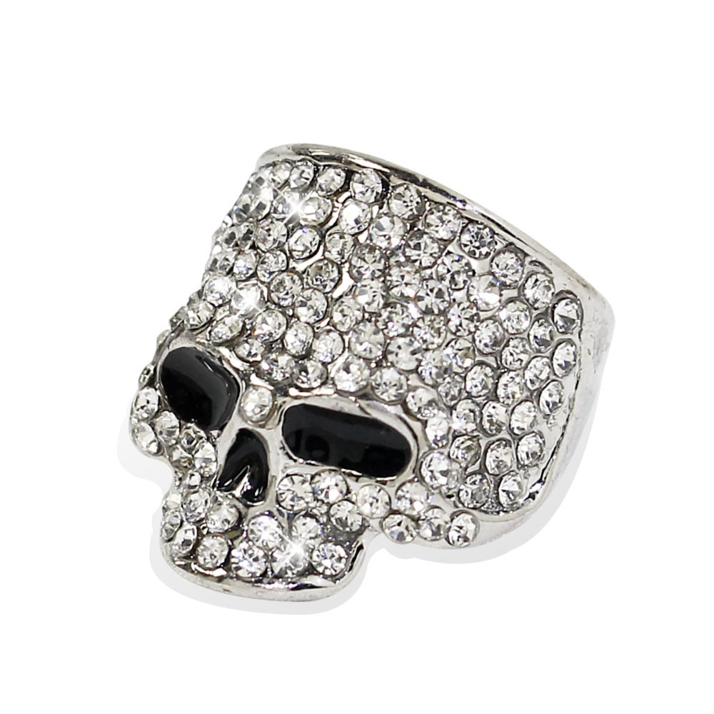 Full Paved Skull S925 Silver Ring, Dark Punk Style 3D Diamond Inlaid Band, Gold Silver Black Three Tones Halloween Statement Ring