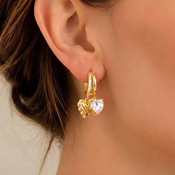 Double Heart Diamond Hoop Earrings, Luxury 3D Heart Pendant Drop Earrings, Gold Versatile Earrings