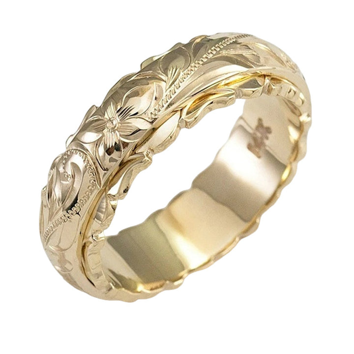 Hawaiian Vintage Hand-Engraved Floral Wide Ring, Gold Rose Gold Silver Retro Embossed Unisex Wedding Band