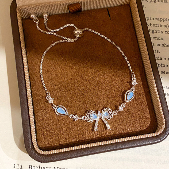 S925 Silver Blue Diamond Bow Slider Bracelet, Sweet Style Adjustable Bracelet with Teardrop Diamonds