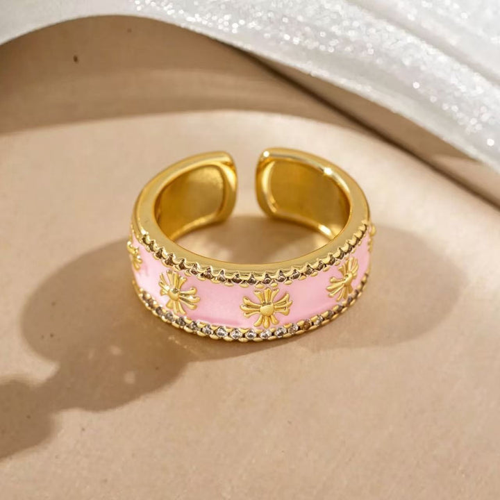 Vintage Cross Enamel 2Pcs Open Ring Set, Gold Carved Pave Diamond Stacking Bands For Women