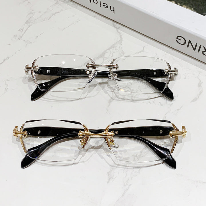 Carved Metal Rimless Business Glasses, Gold & Silver Luxury Beveled Optical Eyeglass Frame