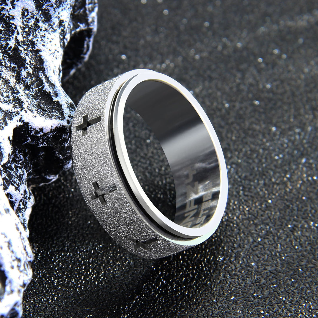 S925 Silver Matte Cross Spinner Ring, Two‑Tone Stress‑Relief Band for Men