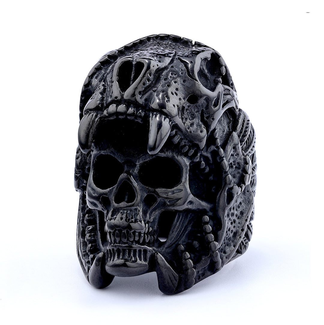 3D Beast Skull Wrapped Skeleton Wide Ring, S925 Silver Black / Antiqued Silver / Silver-Gold Two-Tone Heavy Dark Unisex Band