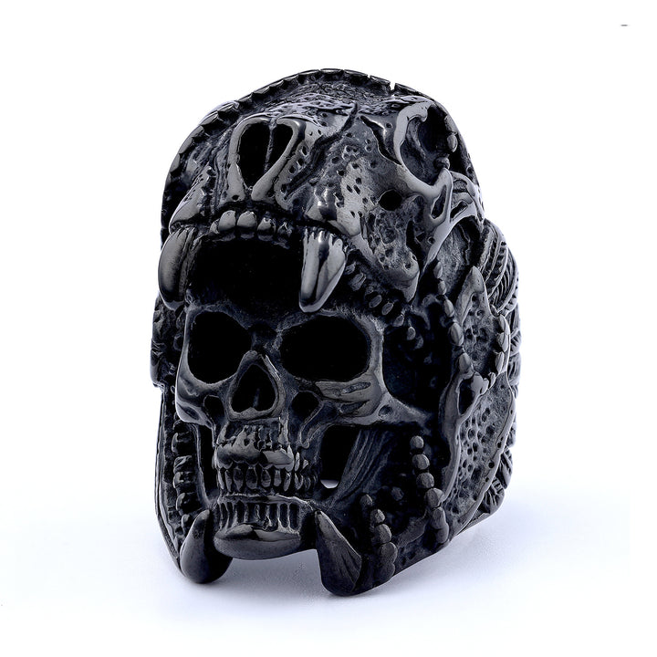 3D Beast Skull Wrapped Skeleton Wide Ring, S925 Silver Black / Antiqued Silver / Silver-Gold Two-Tone Heavy Dark Unisex Band