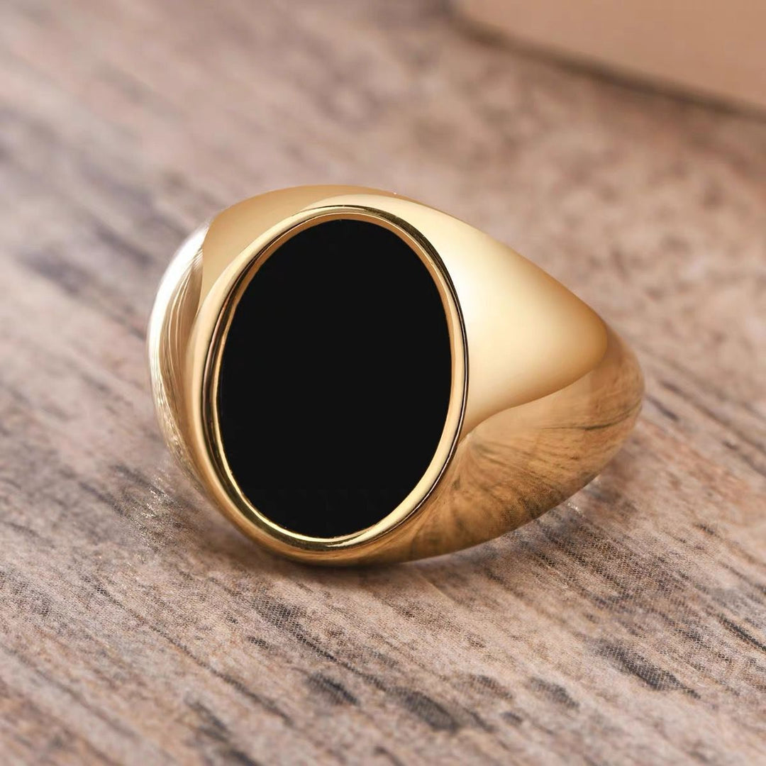 CopyMinimalist Oval Black Agate Titanium Steel Ring (Light Luxury Business Style)