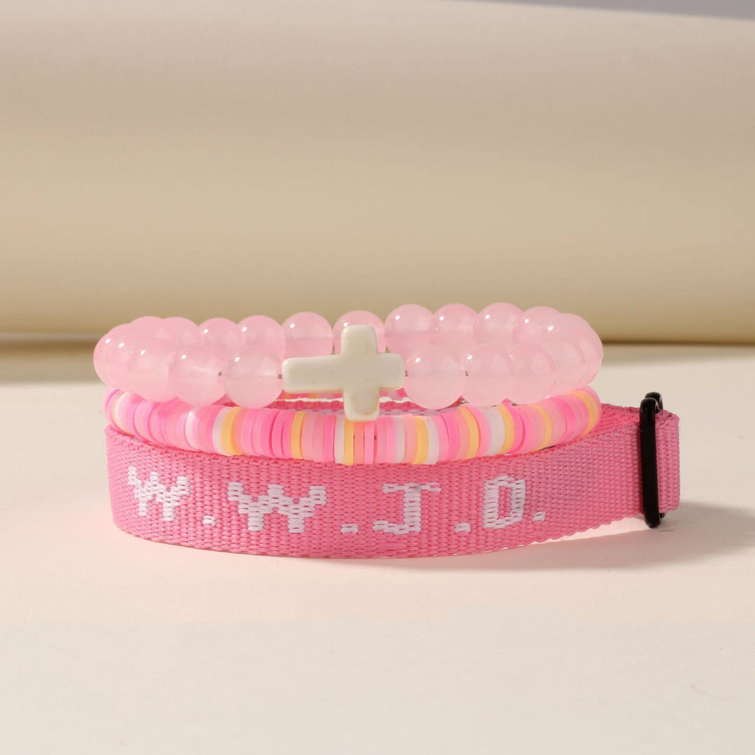 WWJD Series Cross Beaded Webbing Bracelet Set