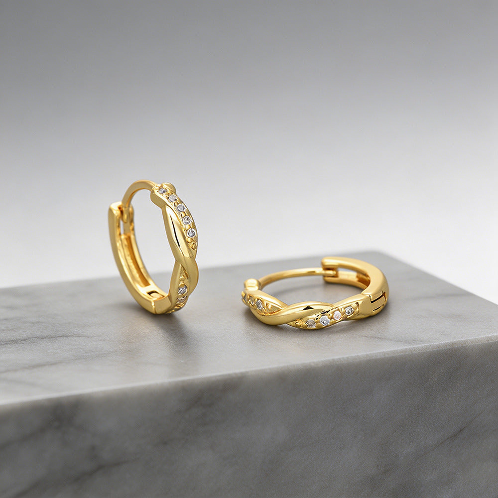 S925 Silver Twisted Diamond Huggie Earrings, Braided Minimalist Luxury Hoops