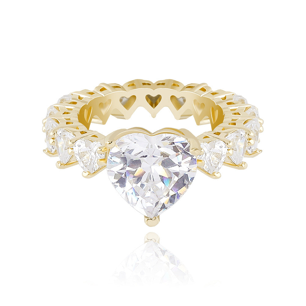 Large Heart‑Diamond Hollow‑Band Ring, Three‑Color Options