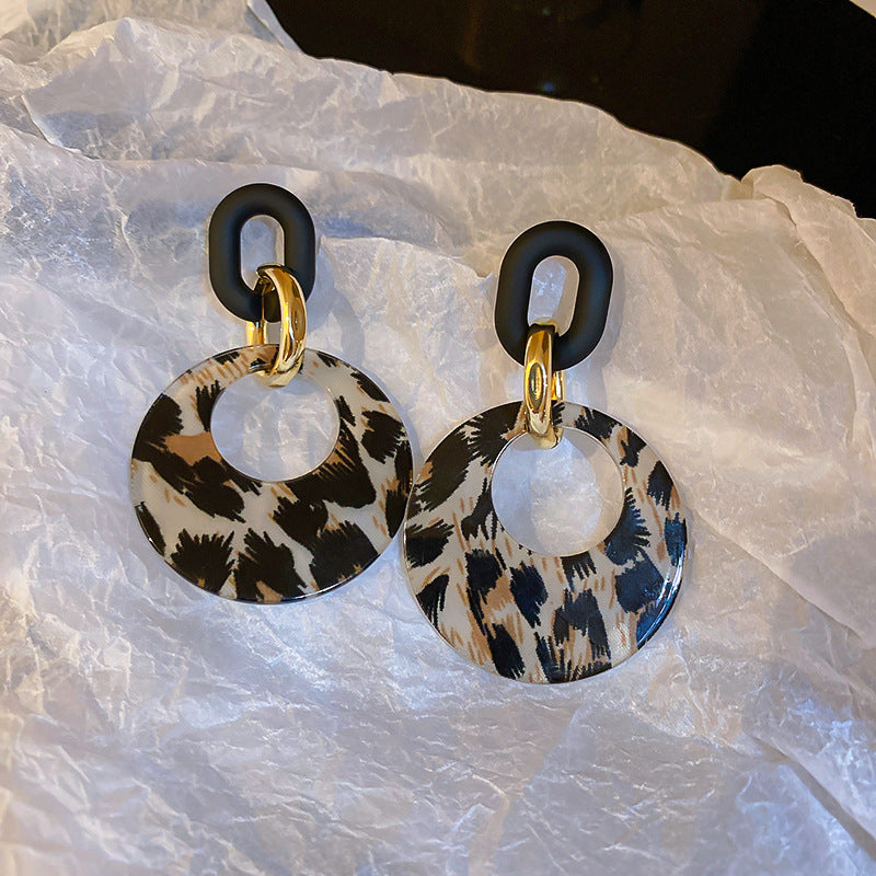 S925 Silver Leopard‑Print Hollow Circle Link Drop Earrings, Retro Contrast‑Color Dangle Earrings for Women