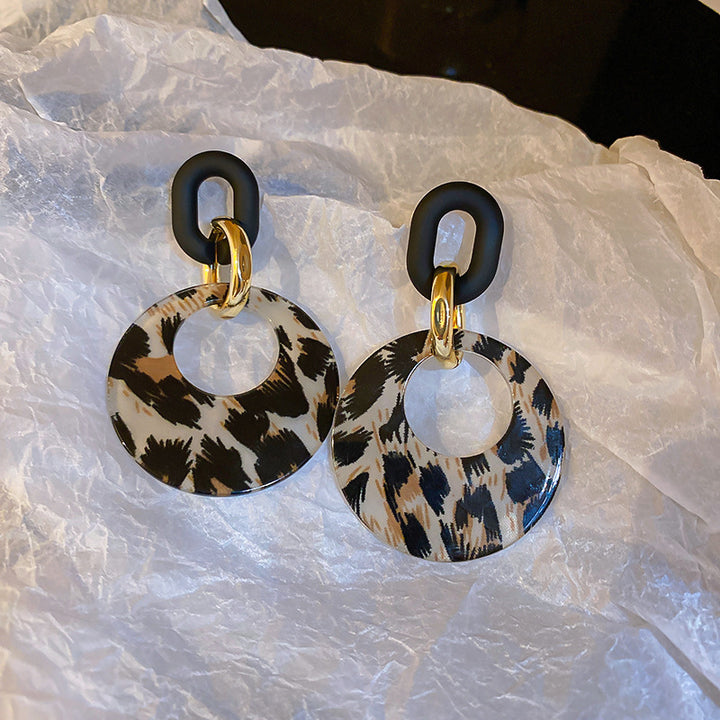 S925 Silver Leopard‑Print Hollow Circle Link Drop Earrings, Retro Contrast‑Color Dangle Earrings for Women