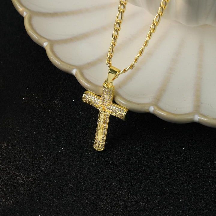 Large Diamond Cross Pendant Necklace with Gold-Plated Cuban Chain