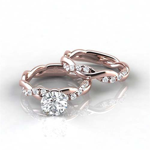Twisted Shank Four-Prong Main Stone Stacked Ring Set, Gold Silver Rose Gold Luxury Engagement Two-Piece Band
