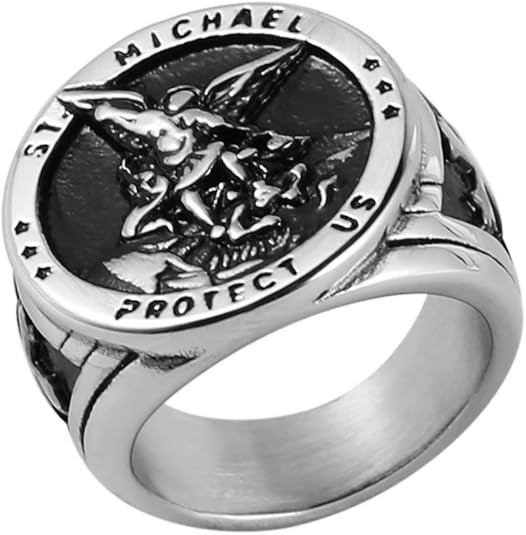 St. Michael Archangel Dragon Slayer Embossed Round Signet Ring, S925 Silver Silver & Gold Two-Tone Vintage Religious Men’s Band