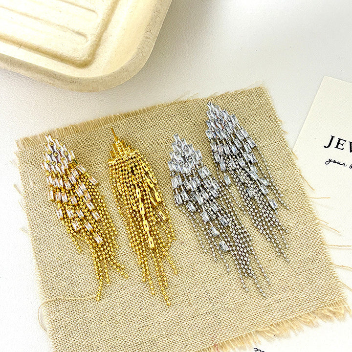 Long Baguette Diamond Tassel Earrings, Luxury Multi-layer Chain Dangle Earrings for Party