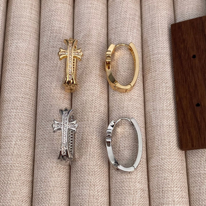 Vintage Cross Pavé Huggie Earrings (Light Luxury Niche Edgy Sweet Earrings)