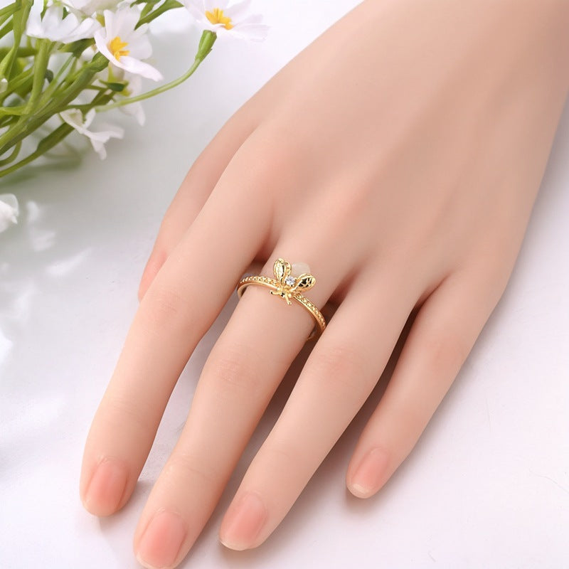 S925 Silver Bee Luminous Bead Engraved Ring, Two‑Tone Vintage Insect‑Theme Ring for Women