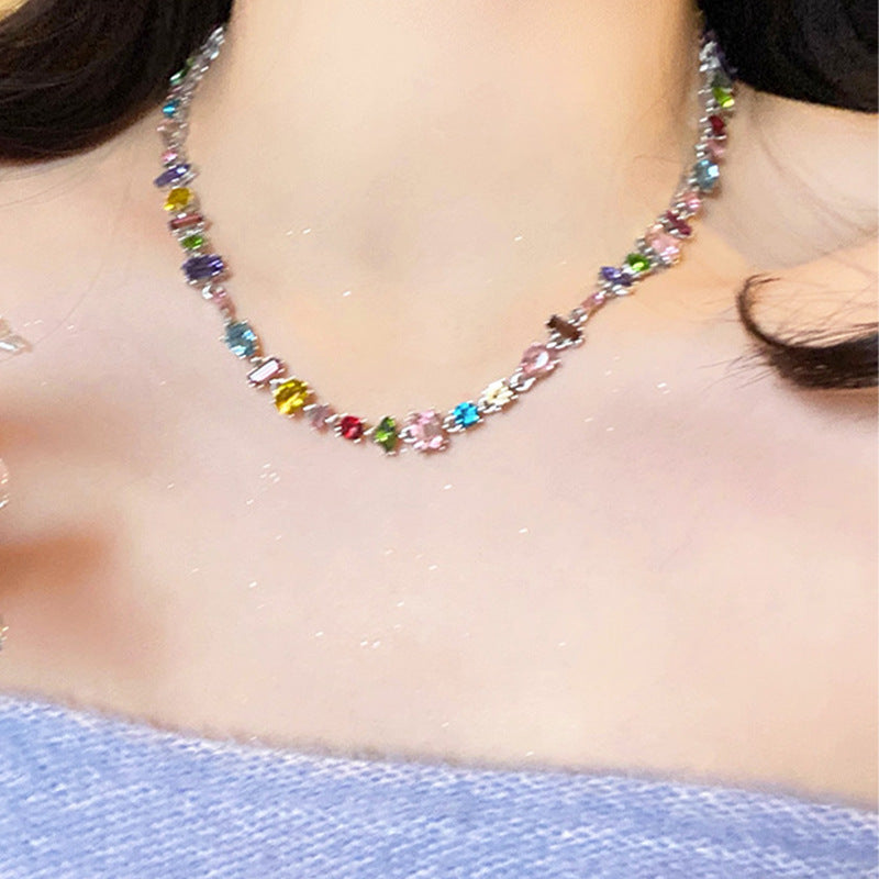 Multi-Shape Rainbow Diamond Prong Chain Jewelry, Gold &amp; Silver Rainbow Gem Bracelet &amp; Matching Choker Necklace Set