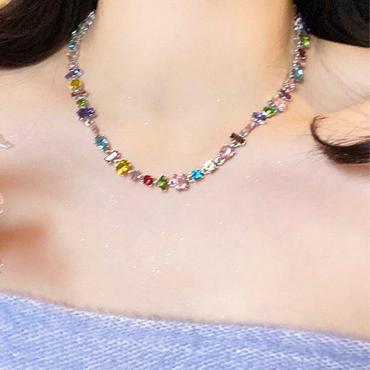 Multi-Shape Rainbow Diamond Prong Chain Jewelry, Gold &amp; Silver Rainbow Gem Bracelet &amp; Matching Choker Necklace Set