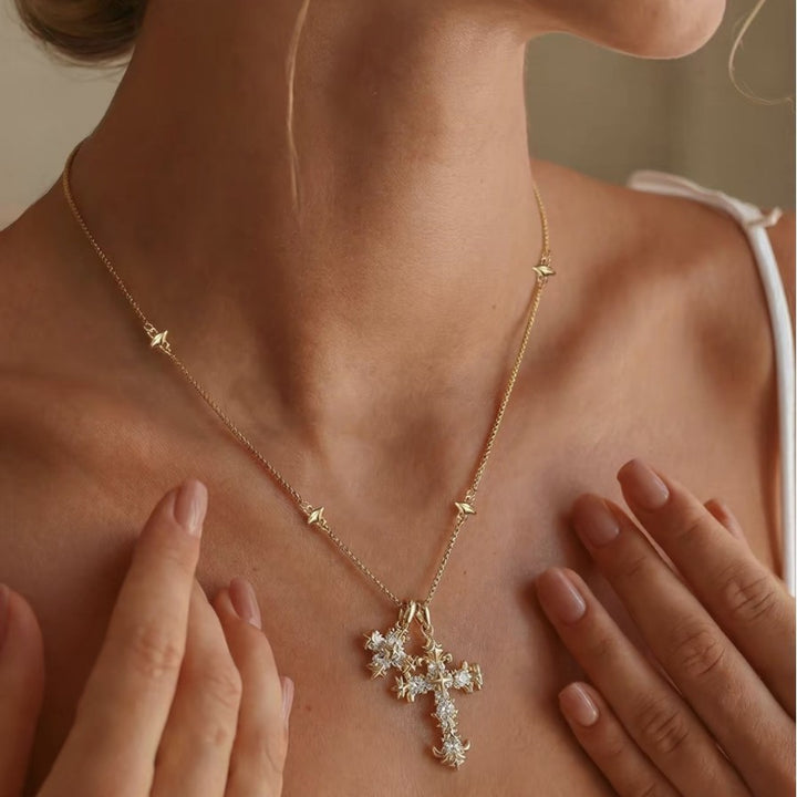 Vintage Double Cross Diamond Necklace, S925 Sterling Silver Gothic Twin Cross Pendant, Gold & Silver Two-Tone Unique Clavicle Chain