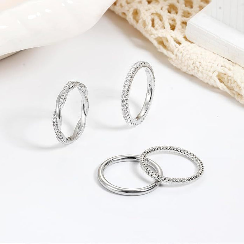 4Pcs Stackable Thin Band S925 Silver Ring Set, Twisted Rope & Paved Diamond Stacking Rings, Gold & Silver Tone