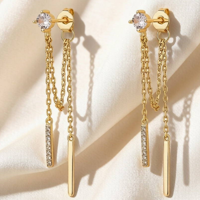 Double Chain Bar Tassel S925 Silver Stud Earrings, Minimal Long Drop Earrings Available in Gold & Silver Tone