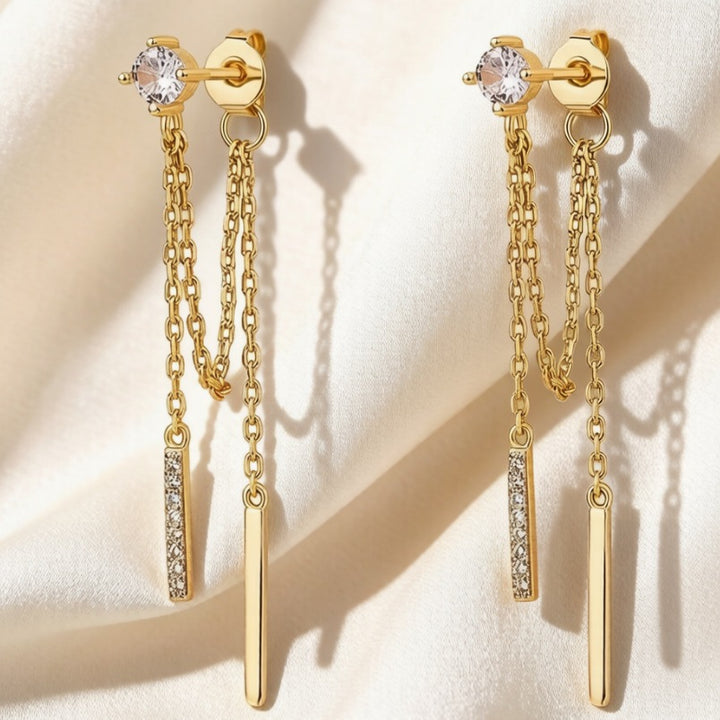 Double Chain Bar Tassel S925 Silver Stud Earrings, Minimal Long Drop Earrings Available in Gold & Silver Tone