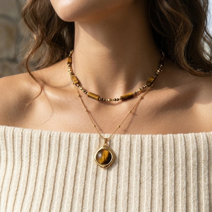 Vintage Tiger Eye Stackable Necklace Set, Mead Style Natural Stone Beaded Choker, Detachable Double Layer Necklaces