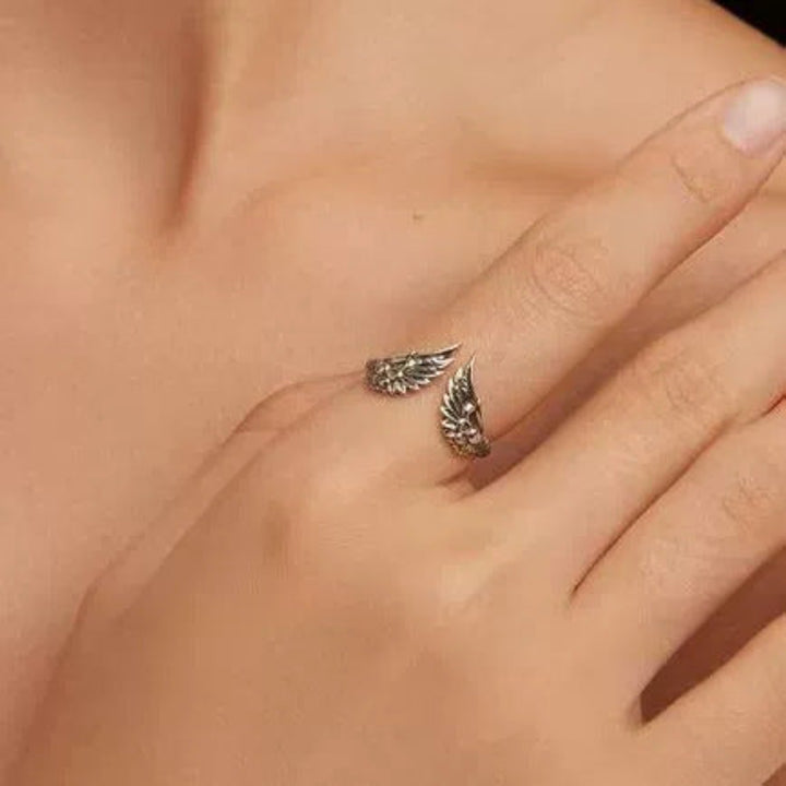 S925 Silver Vintage Dual Angel Wing Open Ring, Antique‑Finish Adjustable Feather Band