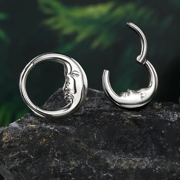 Moon Face Hoop Piercing Jewelry, European Artistic Clicker Nose Ring & Earring Sterling Silver  Body Piercing Accessory
