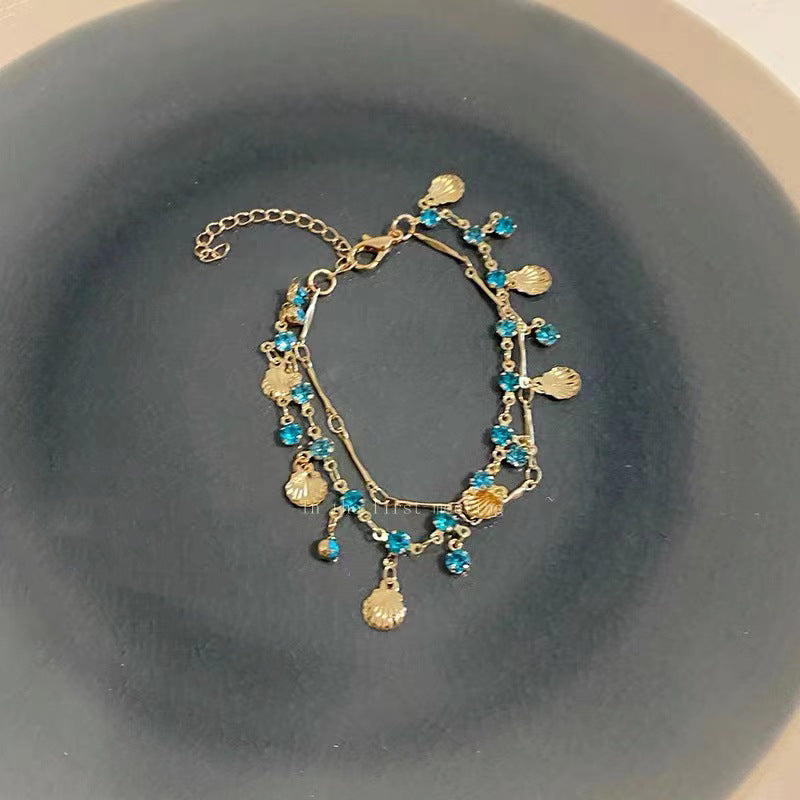 S925 Silver Blue Diamond Tassel Disc Adjustable Bracelet, Bohemian Vacation Style Gold Wrist Jewelry