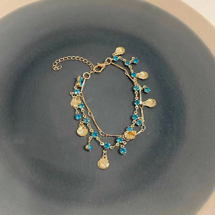 S925 Silver Blue Diamond Tassel Disc Adjustable Bracelet, Bohemian Vacation Style Gold Wrist Jewelry