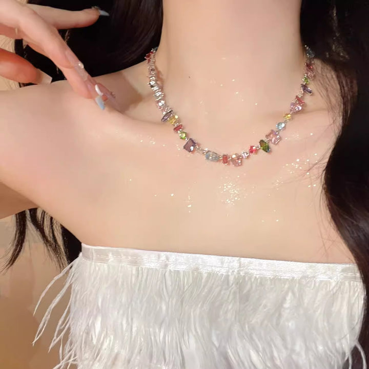 Multi-Shape Rainbow Diamond Prong Chain Jewelry, Gold &amp; Silver Rainbow Gem Bracelet &amp; Matching Choker Necklace Set
