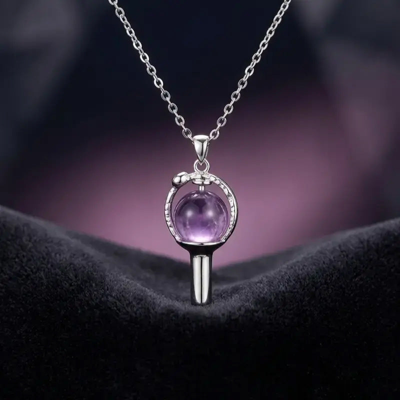 Exquisite Round Amethyst Magic Wand Pendant Necklace, Luxury Paved Crystal Minimalist Clavicle Chain for Women