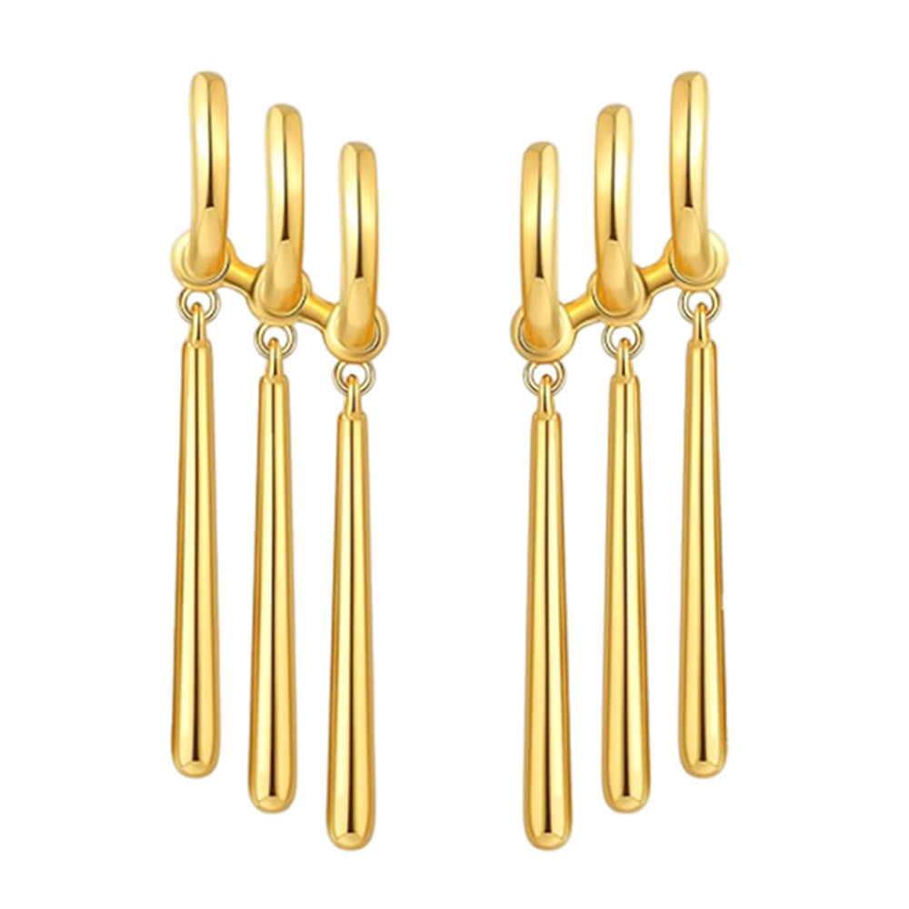 Three-Ring Textured Vertical Bar Tassel Drop Earrings, Solid S925 Silver Silver & Gold Two-Tone Minimalist Geometric Jewelry