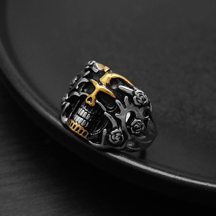 Two-Tone Gold Inlaid Rose Skull Vintage Ring, S925 Silver Antiqued Dark Biker Wide Band For Men