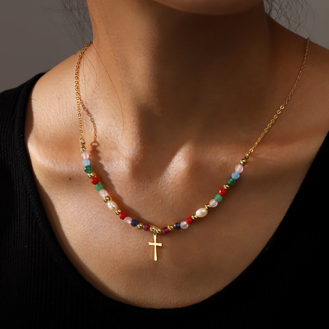 Beaded Cross Pendant Necklace for Women