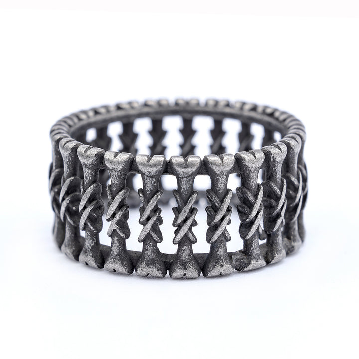 Antiqued Twisted Bone Hollow Wide Ring, S925 Silver Matte Black Dark Punk Unisex Band