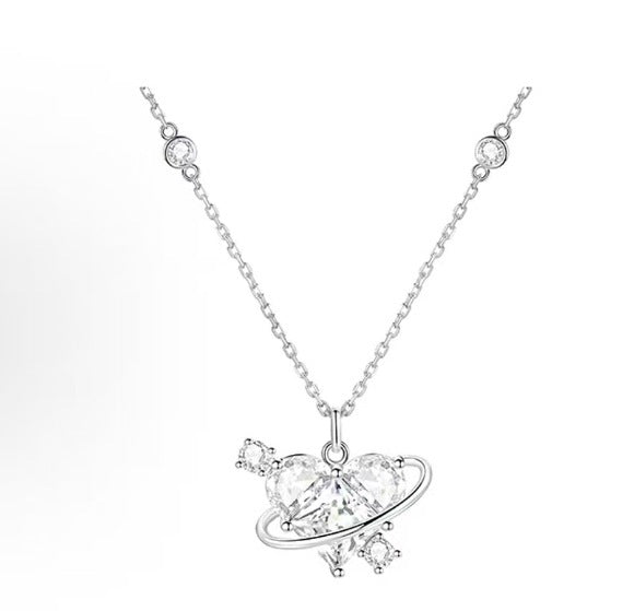 Planet Heart Diamond Necklace, Sweet Saturn Wrapped Heart Collarbone Chain, Pink & Clear Diamond Available