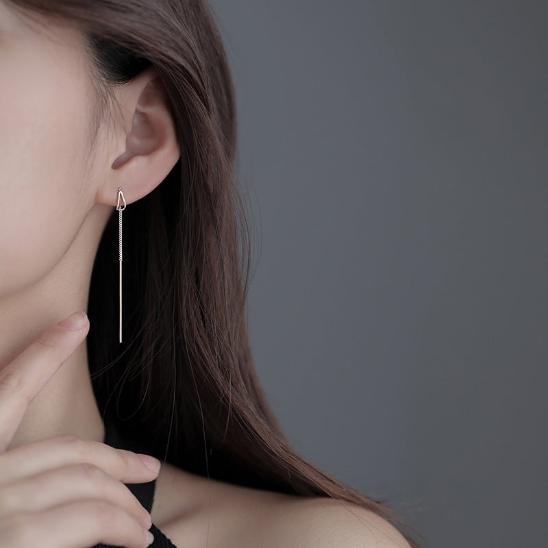 Minimal Geometric Triangle Long Threader Earrings, Thin Chain Bar Slimming Cold Style Dangle Jewelry