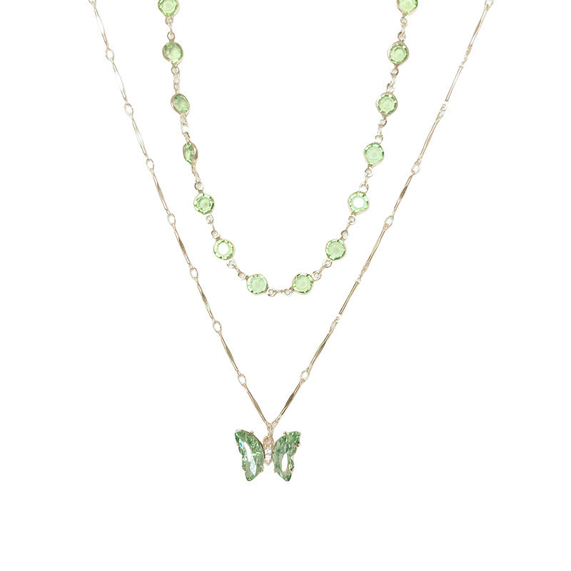 Two-Layer Stackable Color Crystal Butterfly Necklace, Bezel-Set Round Diamond Chain with Butterfly Pendant, Fresh Forest-Style Double Collarbone Chain