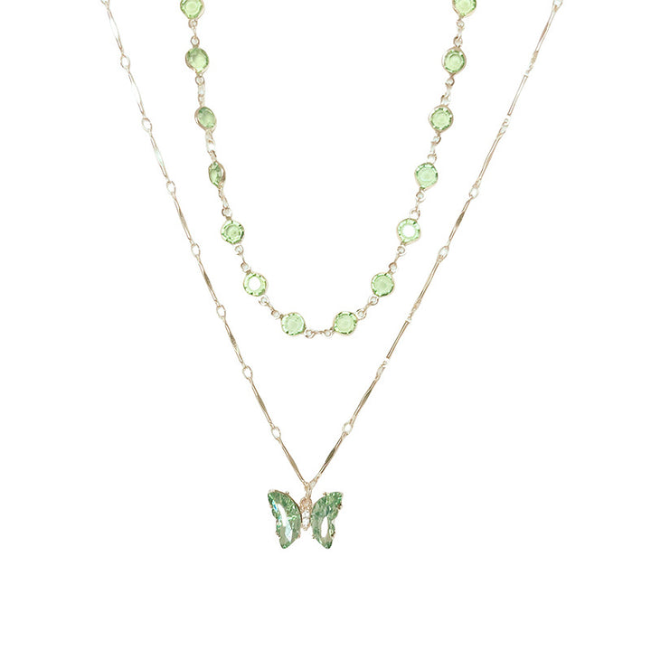 Two-Layer Stackable Color Crystal Butterfly Necklace, Bezel-Set Round Diamond Chain with Butterfly Pendant, Fresh Forest-Style Double Collarbone Chain