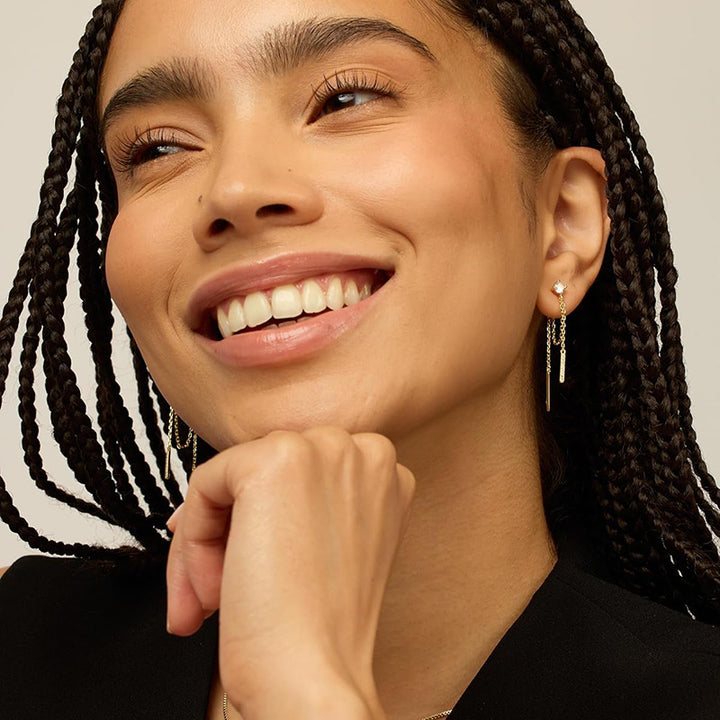 Minimal Double Chain Bar Tassel Stud Earrings, Single Crystal Asymmetrical Long Diamond Drop Jewelry in Gold & Silver