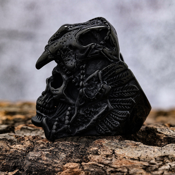 3D Beast Skull Wrapped Skeleton Wide Ring, S925 Silver Black / Antiqued Silver / Silver-Gold Two-Tone Heavy Dark Unisex Band