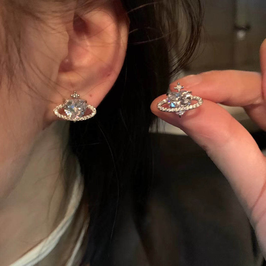 Heart Planet Gemstone Stud Set (Light Luxury Niche Sweet & Cool Earrings)