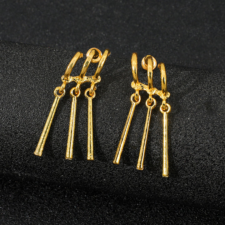 Three-Ring Textured Vertical Bar Tassel Drop Earrings, Solid S925 Silver Silver & Gold Two-Tone Minimalist Geometric Jewelry