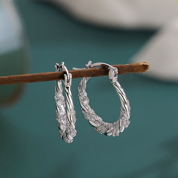 Twisted Paved Diamond Hoop S925 Silver Earrings, Vintage Braided Diamond Hoop Earrings in Gold & Silver Tone