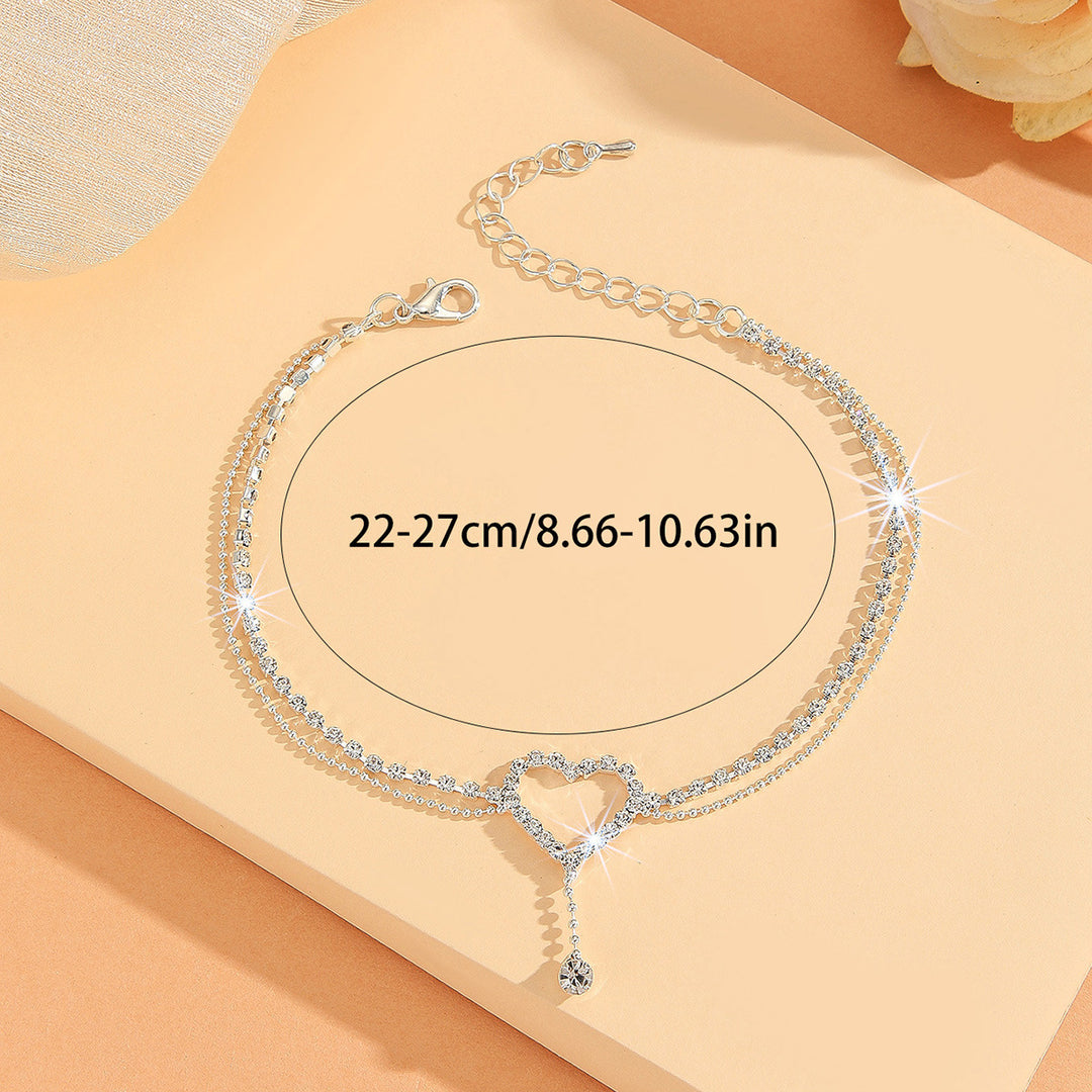Double Layer Heart Rhinestone Anklet, Hollow Heart Diamond Ankle Bracelet, Luxury Vacation Women Foot Chain, 3 Colors Available