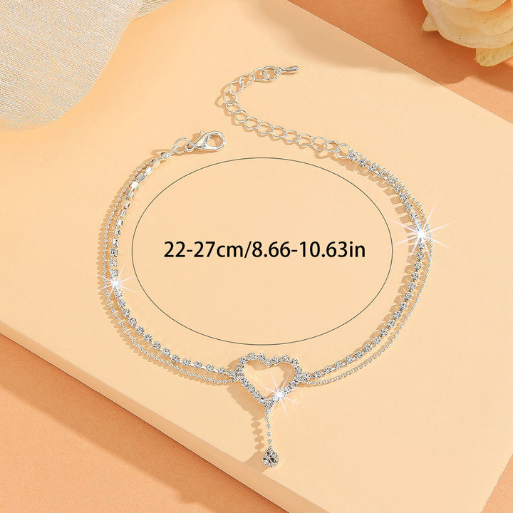 Double Layer Heart Rhinestone Anklet, Hollow Heart Diamond Ankle Bracelet, Luxury Vacation Women Foot Chain, 3 Colors Available